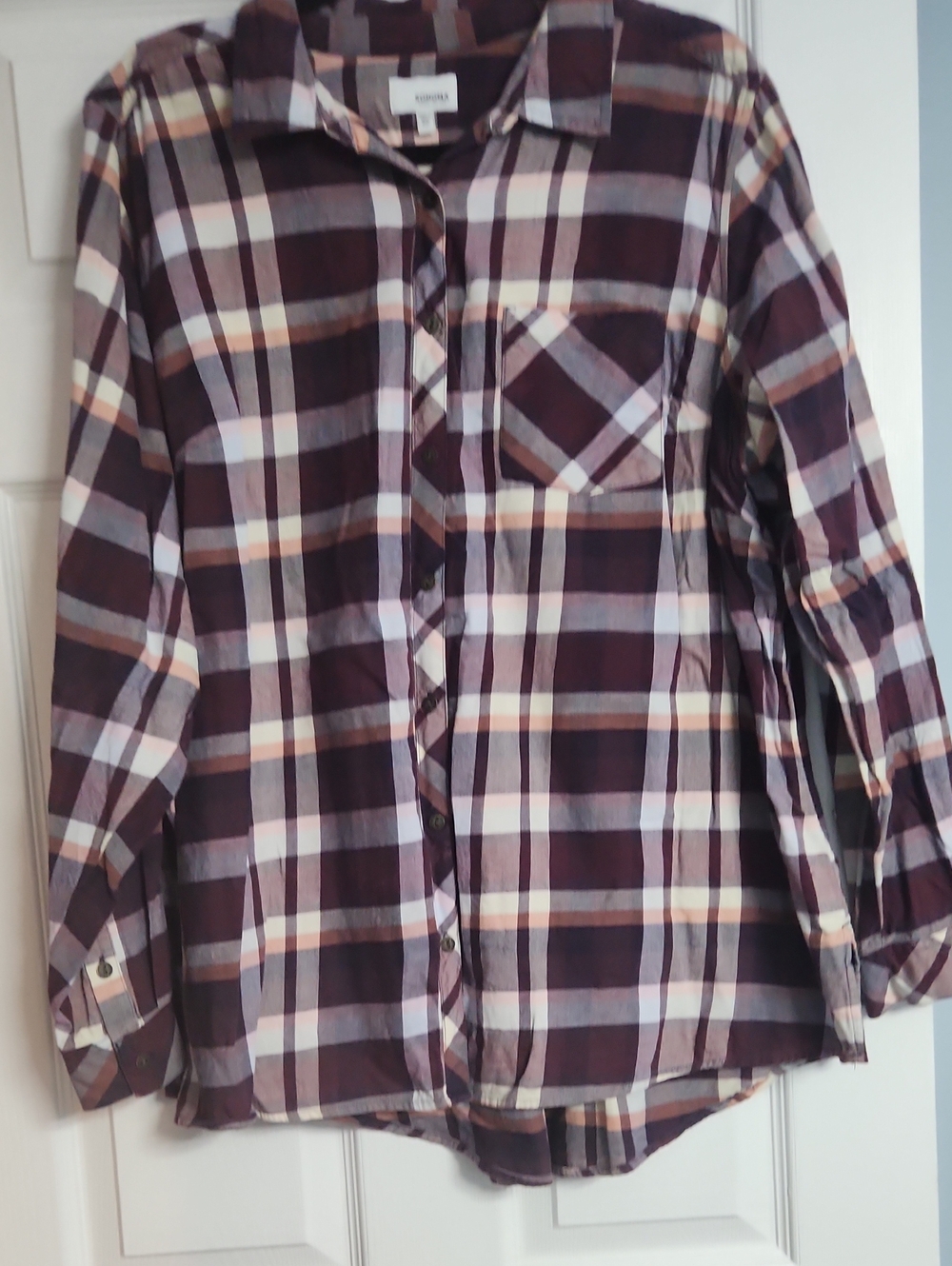Sonoma Plaid Button-Up in Burgundy, Cream and Light Blue